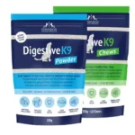 A clean array of Global Vet Care digestive supplements and gut-stabilizing powders on a clinical preparation counter